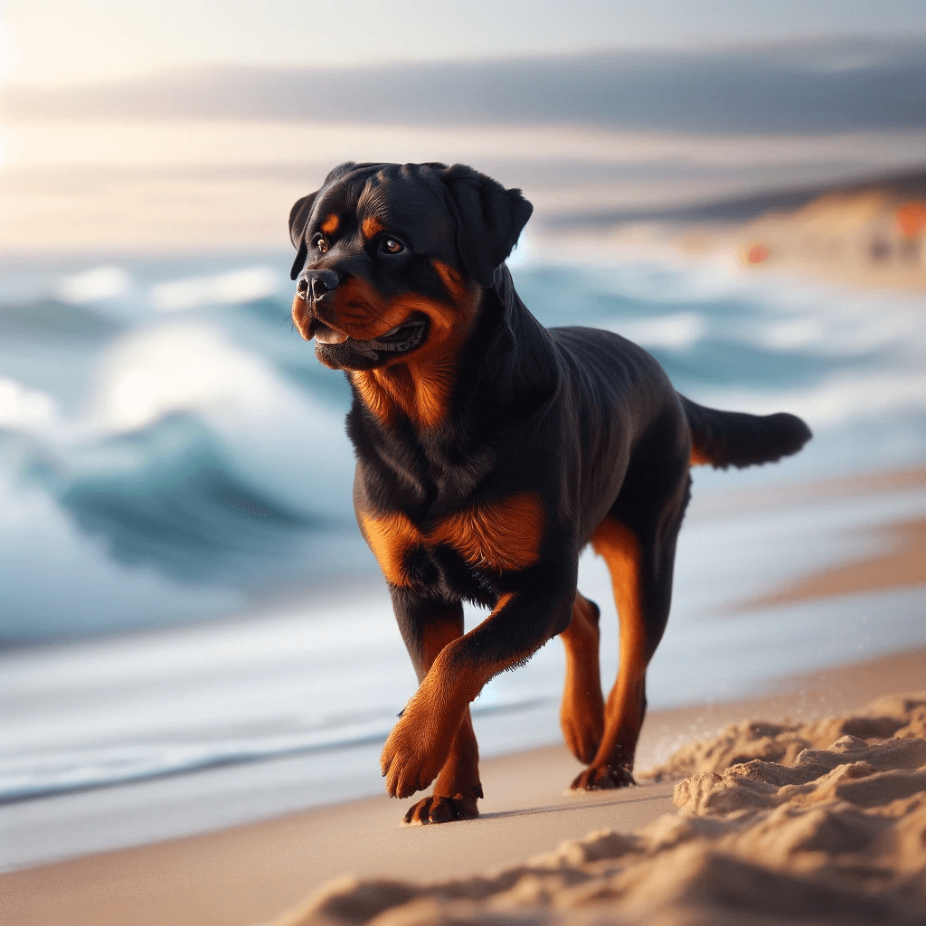 Red_Rottweiler_walking_along_a_beach_with_waves_crashing_in_the_background
