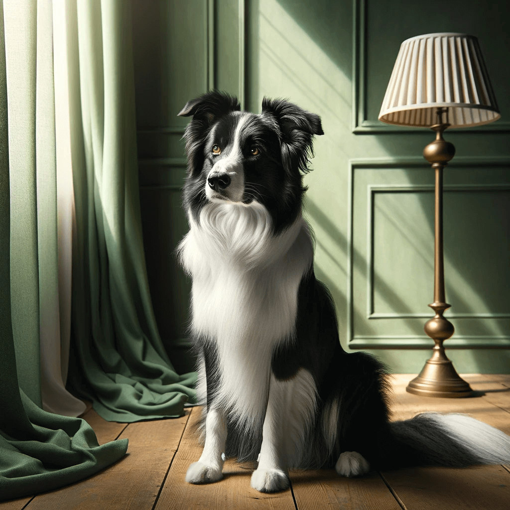 Short_Haired_Border_Collie_indoors_with_a_striking_black_and_white_coat_looking_elegant_next_to_a_green_curtaiN