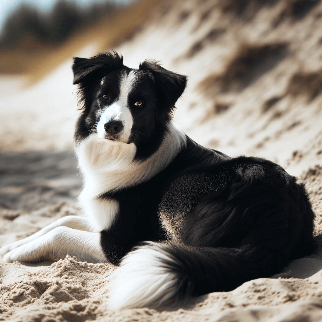 Short_Haired_Border_Collie_lying_down_on_sandy_ground_looking_back_with_a_relaxed_and_friendly_expression.