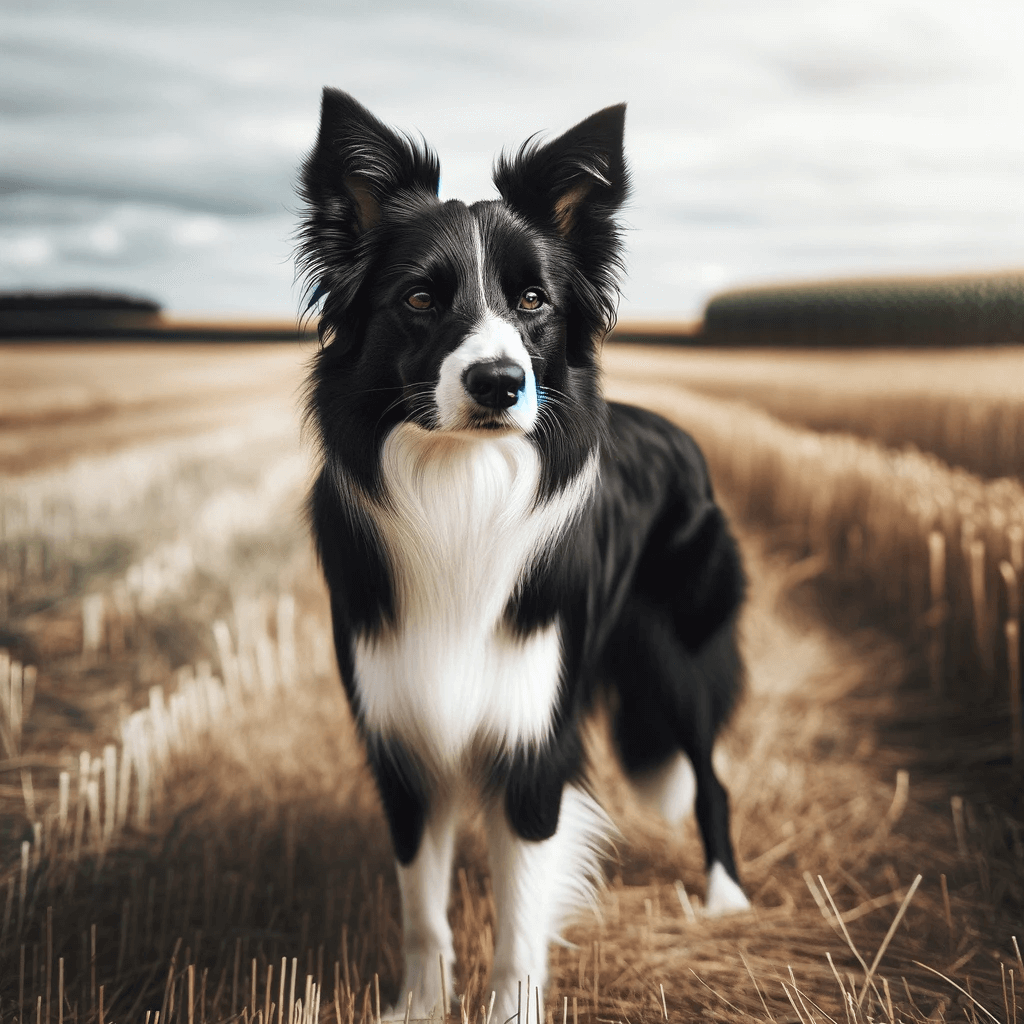 Short_Haired_Border_Collie_standing_in_an_open_field._The_dog_s_black_coat_with_white_markings_and_its_erect_ears_give_it_a_striking_appearance.