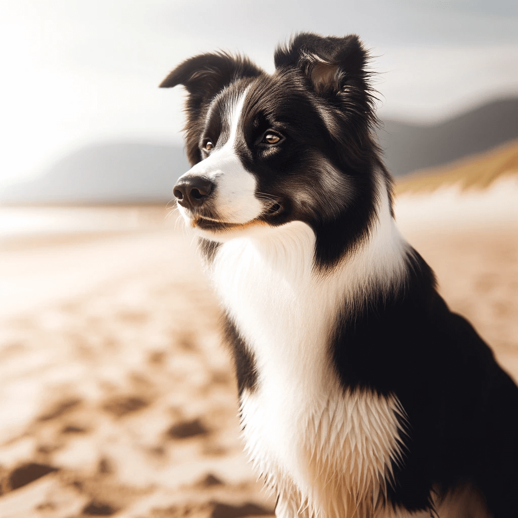Short_Haired_Border_Collie_standing_on_a_sandy_beach_looking_off_into_the_distance_portraying_a_strong_and_alert_posture