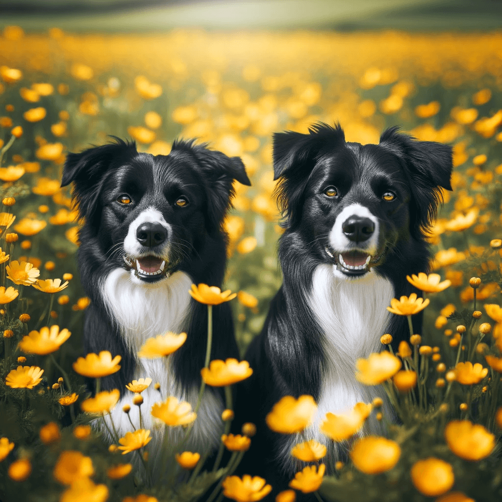 Short_Haired_Border_Collies_in_a_field_with_yellow_flowers.