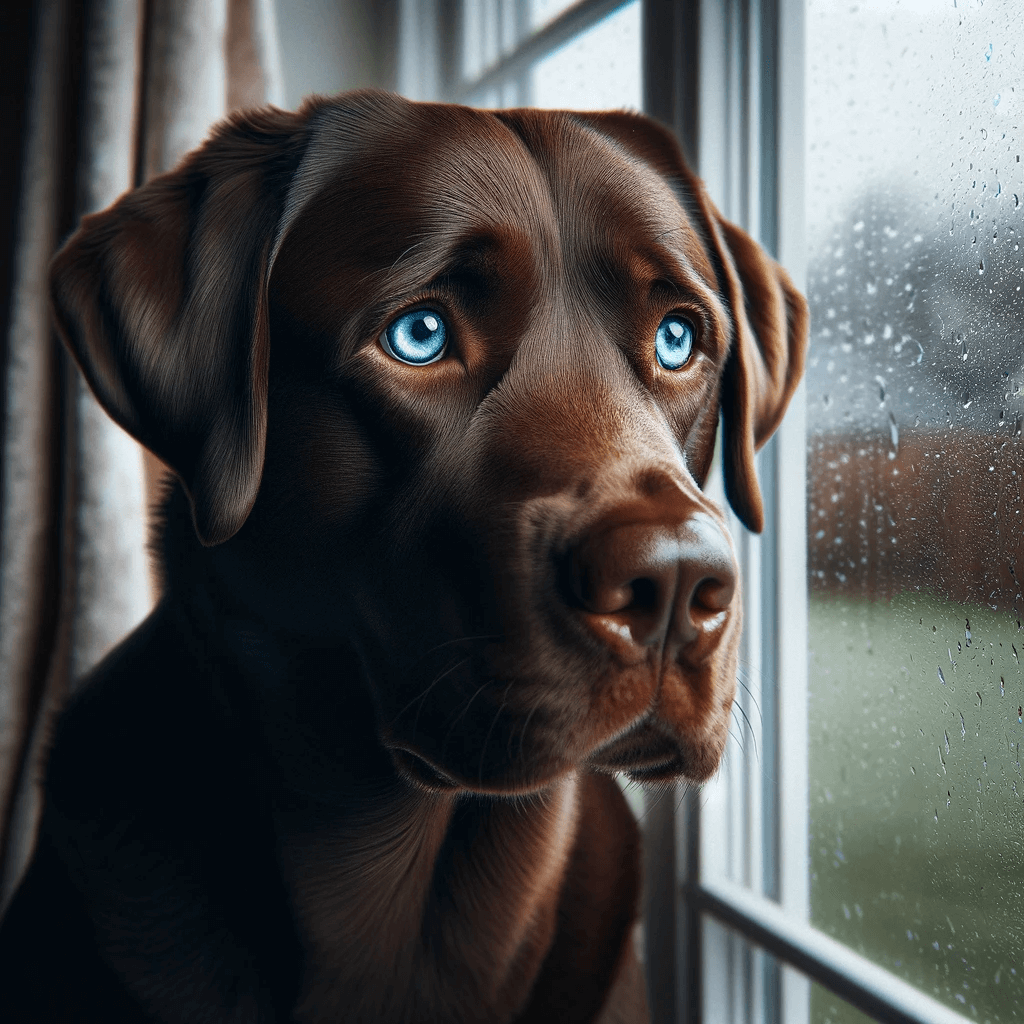 Thoughtful_Blue-Eyed_Chocolate_Lab_Looking_out_a_Rainy_Window