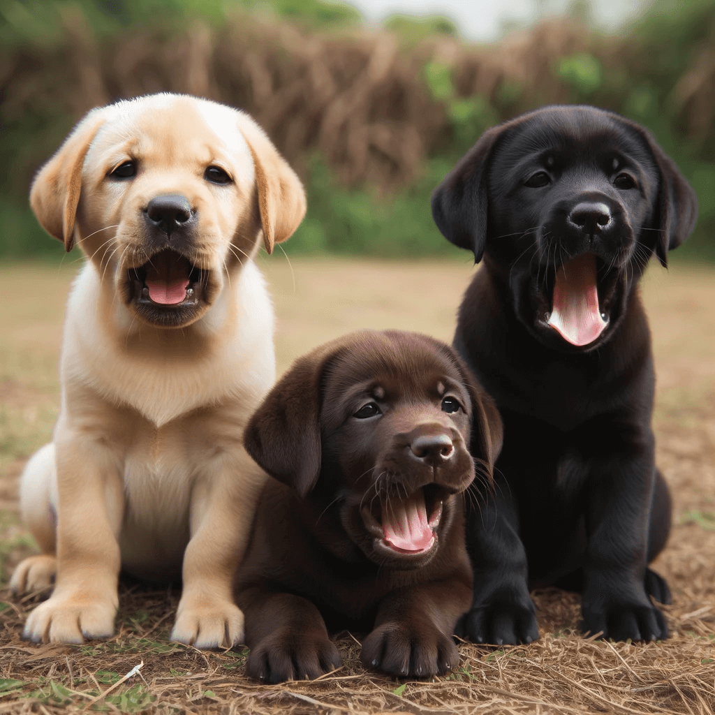 Three_Labrador_puppies_of_different_colors_chocolate_yellow_and_black_sit_together_in_a_field