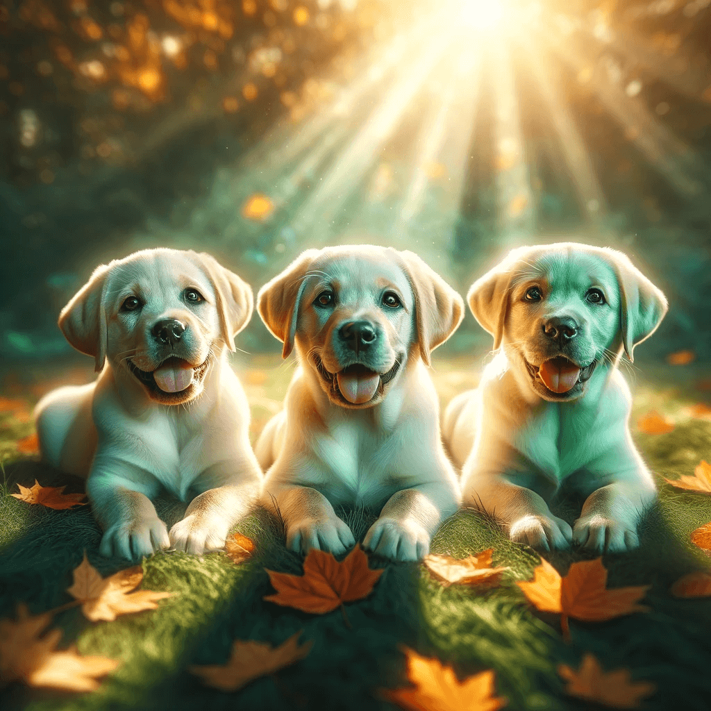 Three_joyful_Labrador_puppies_lying_in_a_sunlit_grassy_field_with_autumn_leaves_around_them
