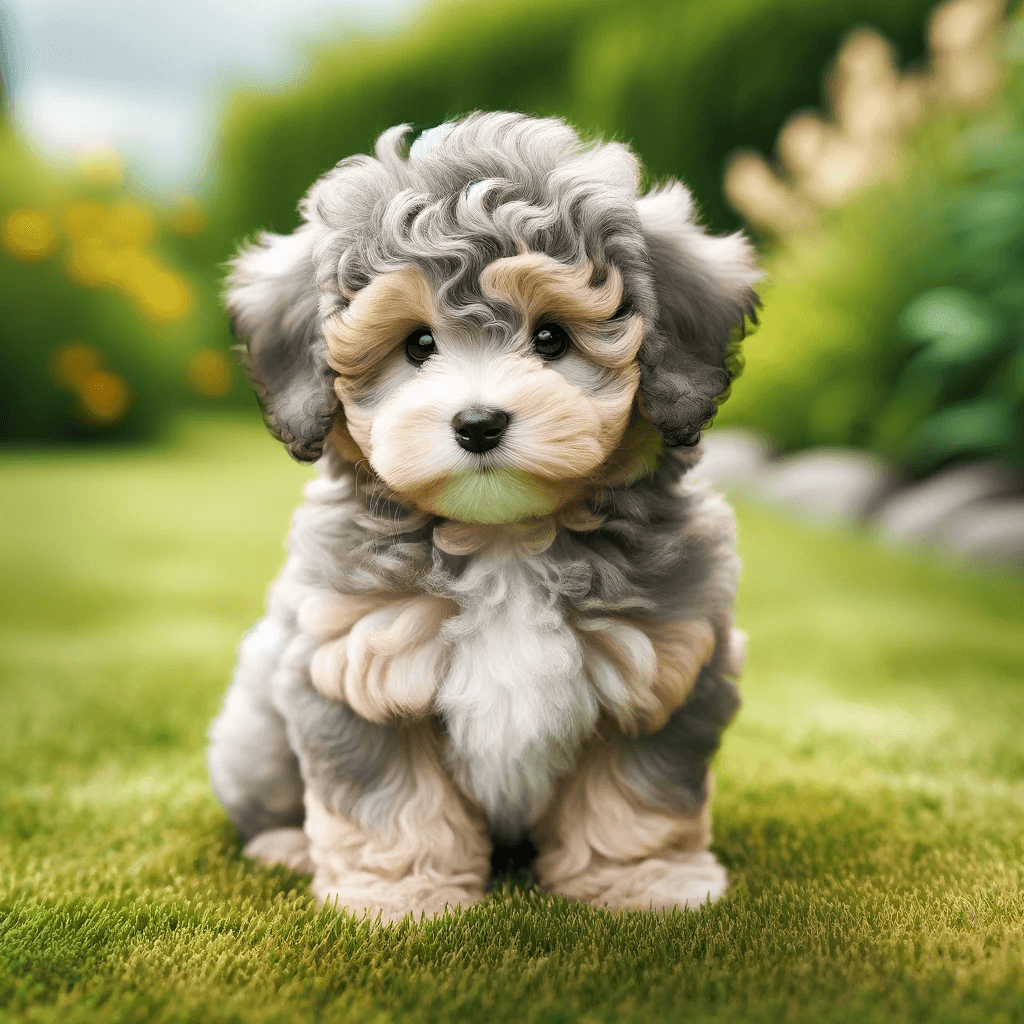 Toy_Aussiedoodle_puppy_is_captured_in_a_natural_pose_on_the_grass_with_ruffled_grey_and_beige_fur