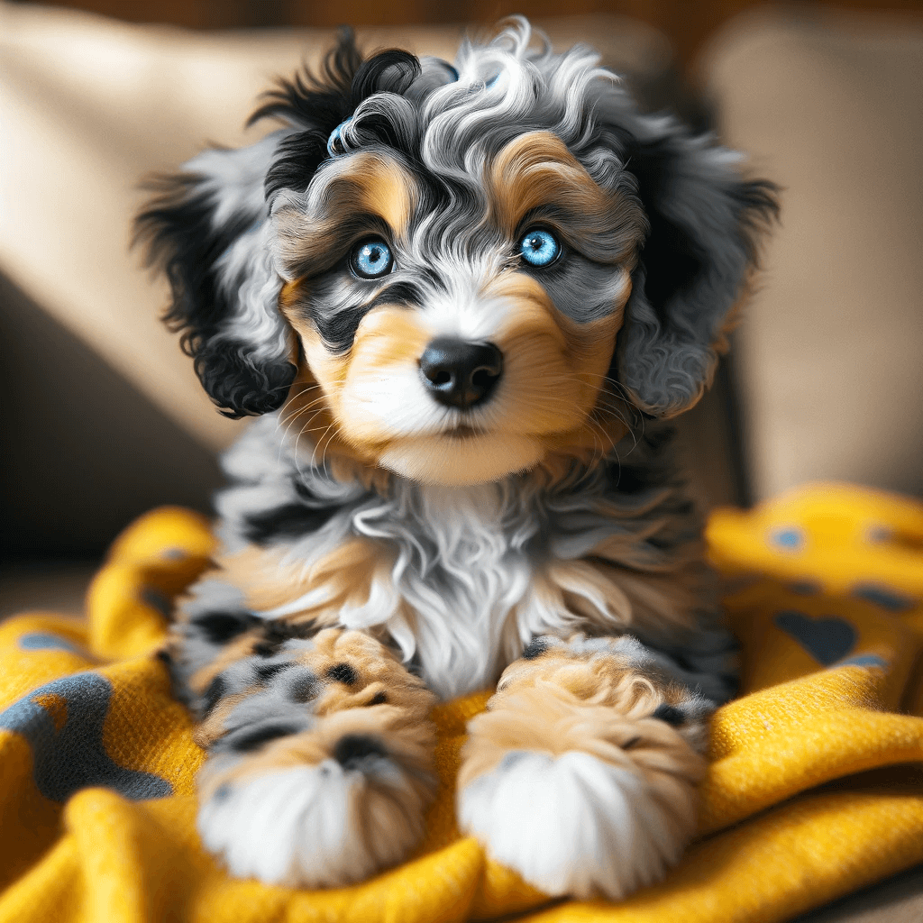 Toy_Aussiedoodle_puppy_lounges_on_a_yellow_blanket_creating_a_striking_contrast_with_its_blue_eyes_and_merle-patterned_coat