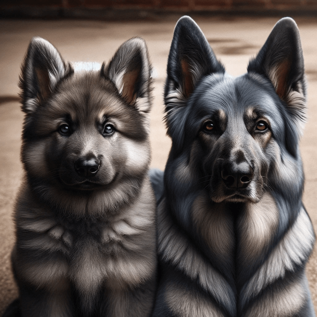 Two_Blue_German_Shepherds_side_by_side_one_adult_and_one_puppy_on_a_concrete_surface