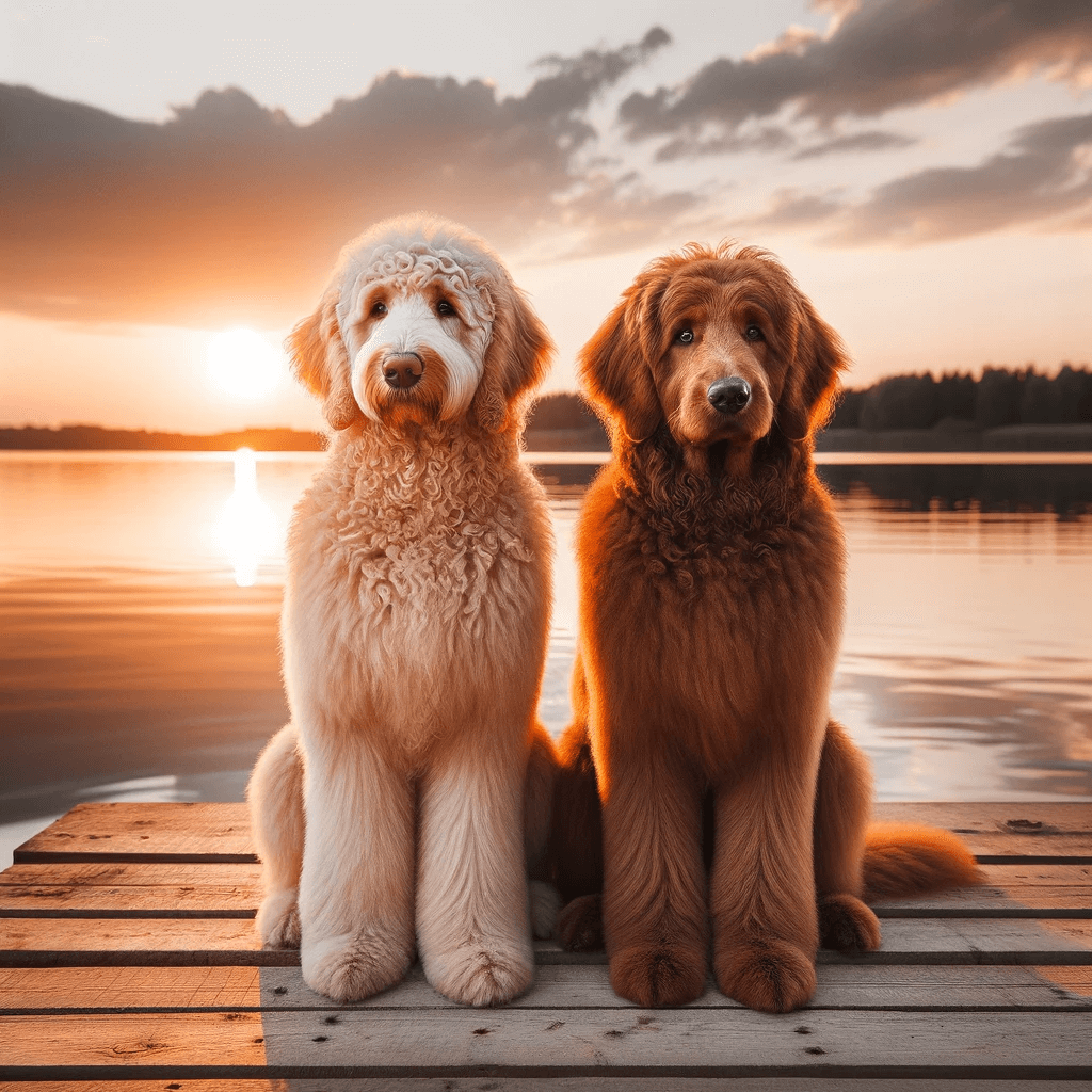 Two_Flat-Coated_Goldendoodles_one_cream_and_one_reddish-gold_are_sitting_side_by_side_on_a_wooden_dock_overlooking_a_serene_lake_at_sunset