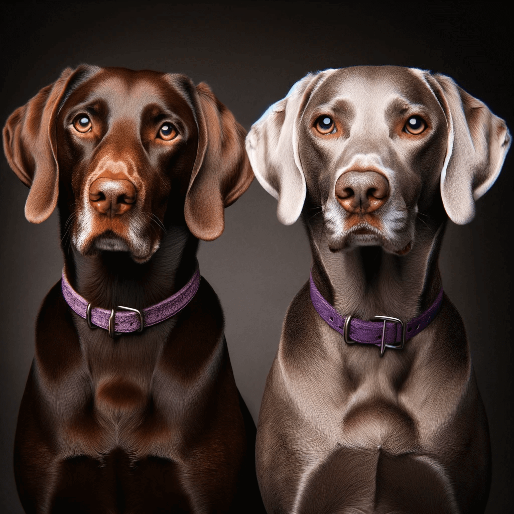 Two_Labmaraners_side_by_side_one_chocolate-brown_and_the_other_silver-gray_both_with_attentive_expressions_and_wearing_purple_collars._The_dogs_are