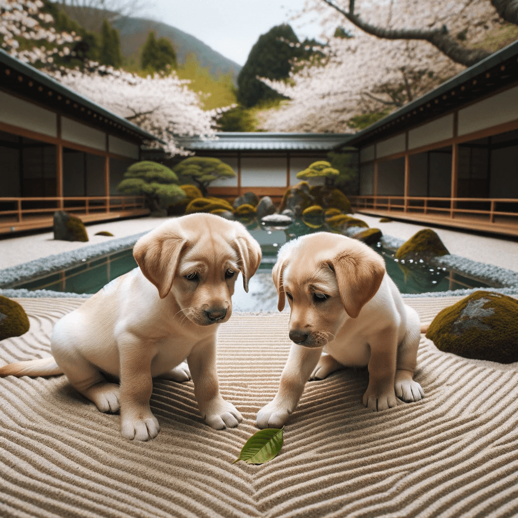 Two_Labrador_puppies_with_a_slight_greenish_tint_to_their_fur_playing_in_a_zen_garden