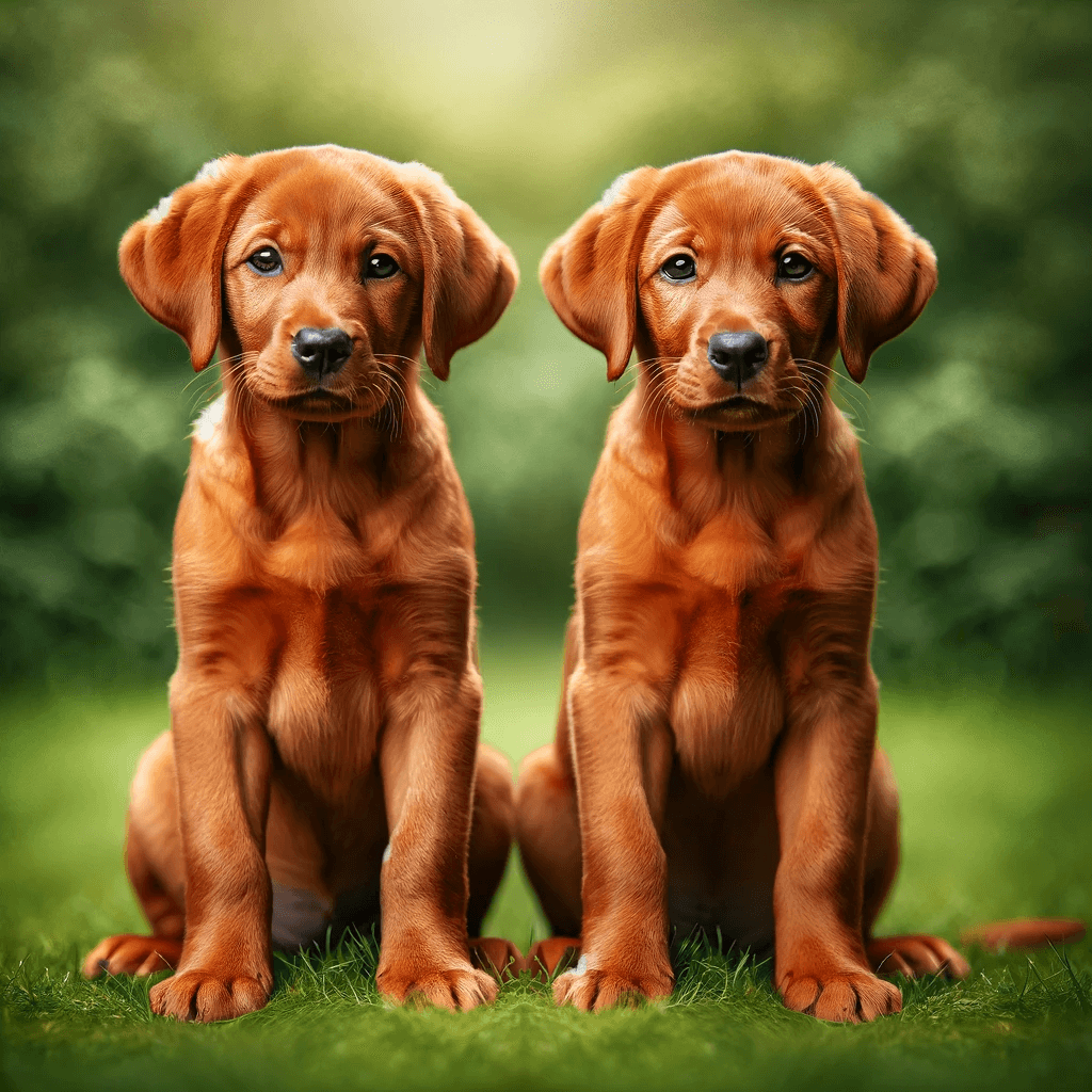Two_Red_Fox_Lab_puppies_sitting_side_by_side_on_the_grass_looking_directly_at_the_camera_with_a_similar_poised_stance