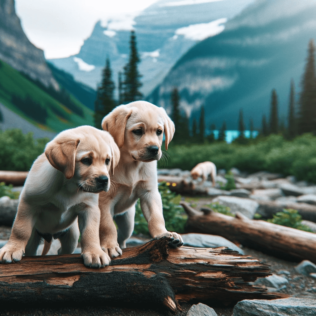 Two_adventurous_green_Labrador_puppies_with_soft_green-shaded_fur_exploring_mountainous_terrain._The_backdrop_features_towering_mountains_and_lush_greenery