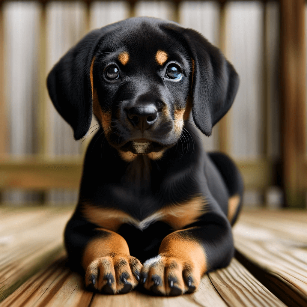Young_Labahoula_coonhound_lab_mix_puppy_with_a_shiny_black_coat_sitting_on_what_looks_like_a_wooden_deck
