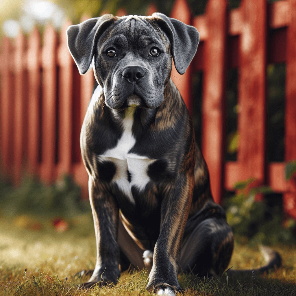 a_Catahoula_Bulldog_sitting_on_grass_with_a_red_fence_in_the_background_showcasing_its_brindle_coat_and_bright_alert_eyes