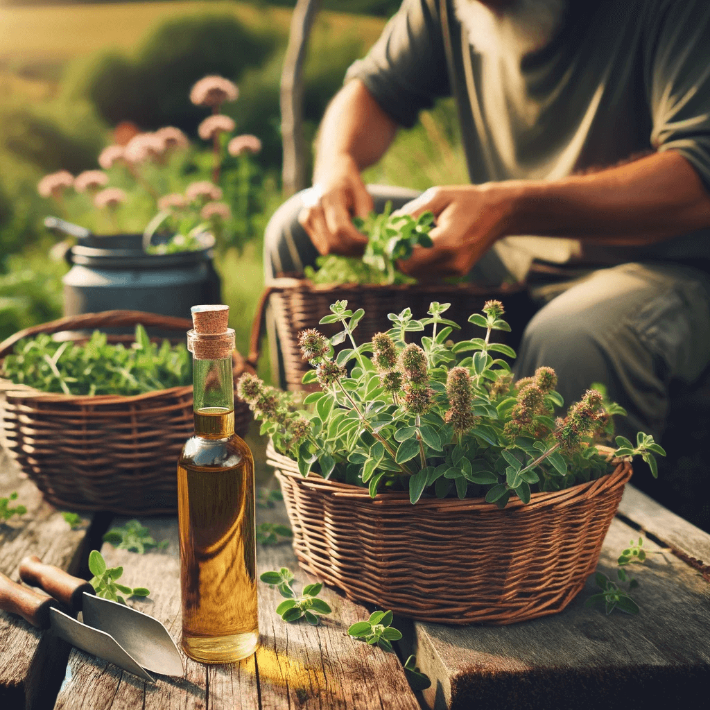 a_person_collecting_oregano_leaves_in_a_basket_with_a_bottle_of_oregano_oil_placed_nearby_to_show_the_source_and_product