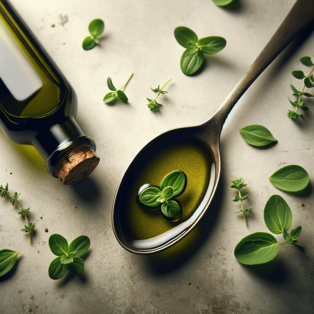 a_spoonful_of_oregano_oil_with_a_dark_glass_bottle_and_fresh_oregano_leaves_scattered_around