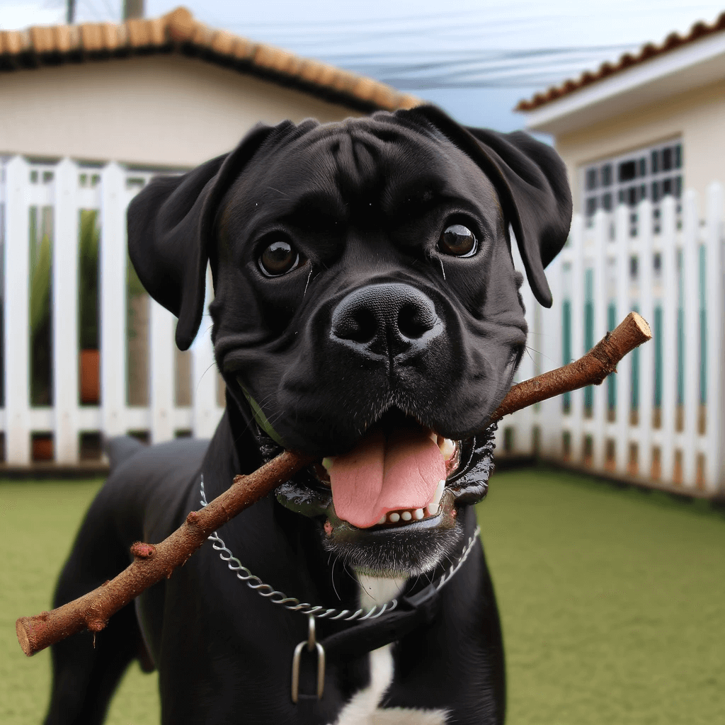 black_Boxer-Lab_mix_black_Boxador_happily_holding_a_stick_in_its_mouth_during_a_play_session_in_a_yard_bordered_by_a_white_fence