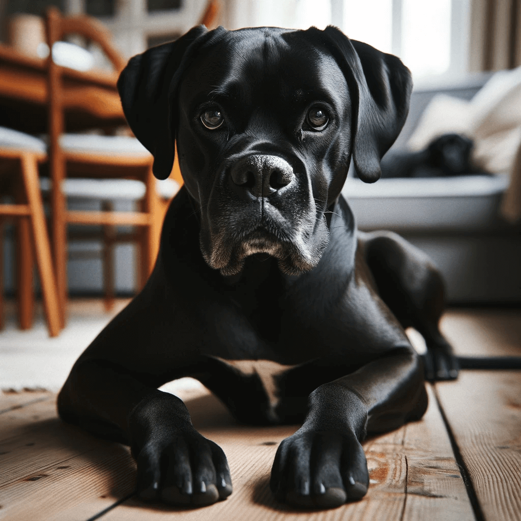 black_Boxer-Lab_mix_black_Boxador_reclining_on_a_wooden_floor_indoors_staring_directly_at_the_camera_with_an_air_of_calm_awareness