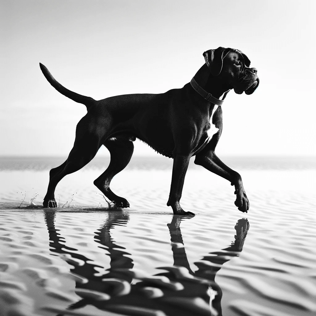 black_Boxer-Lab_mix_black_Boxador_traversing_a_reflective_wet_surface_with_a_poised_gait_possibly_a_shoreline_or_m