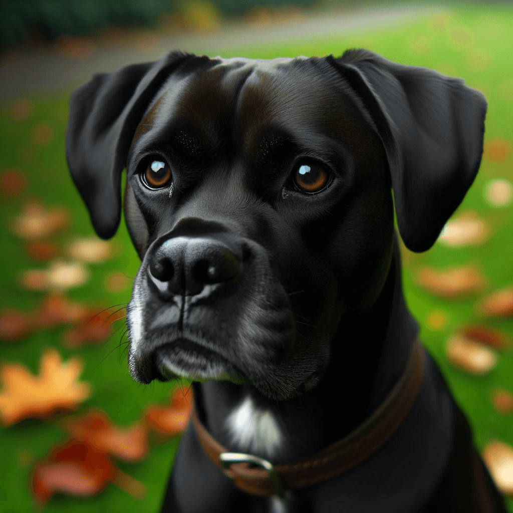 black_Boxer-Lab_mix_black_Boxador_with_a_contemplative_and_attentive_gaze._The_backdrop_of_green_grass_sprinkled_with_autumn_leaves_suggest