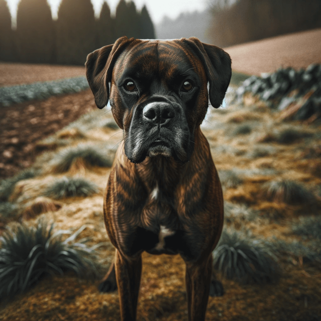 brindle_Boxador_standing_on_patchy_grass_looking_directly_into_the_camera_with_an_intent_and_attentive_gaze._The_dog_s_brindle_coat_is_a_distinct