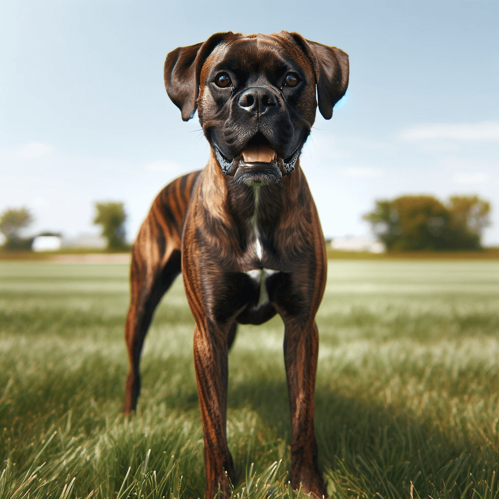 brindle_Boxer_Lab_mix_standing_on_grass_facing_the_viewer_with_a_slightly_open_mouth_and_an_alert_energetic_expression._The_dog_s_coat_showcases