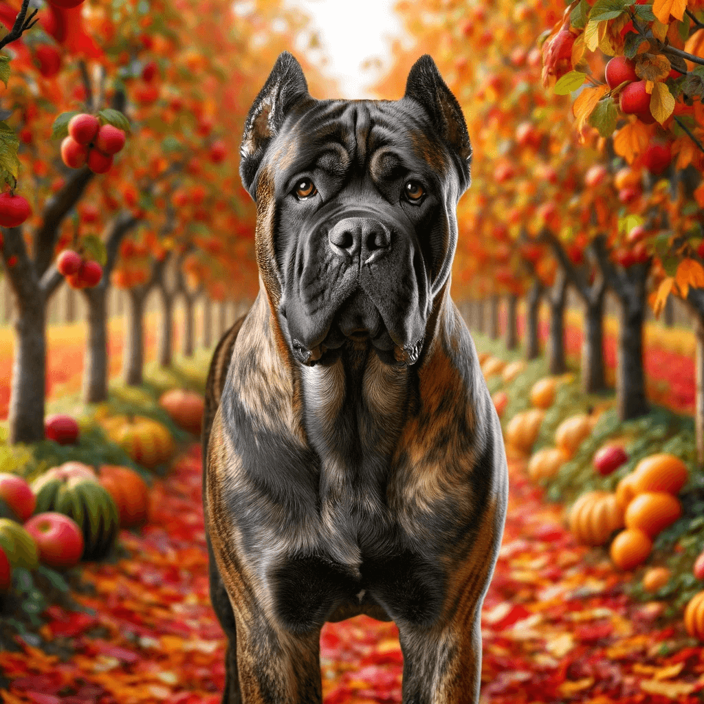 brindle_Cane_Corso_dog_in_a_colorful_autumn_orchard.