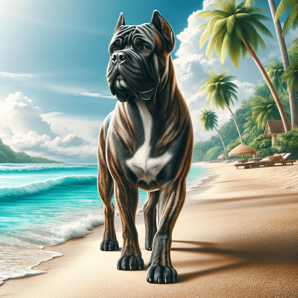 brindle_Cane_Corso_dog_in_a_tropical_beach_setting.