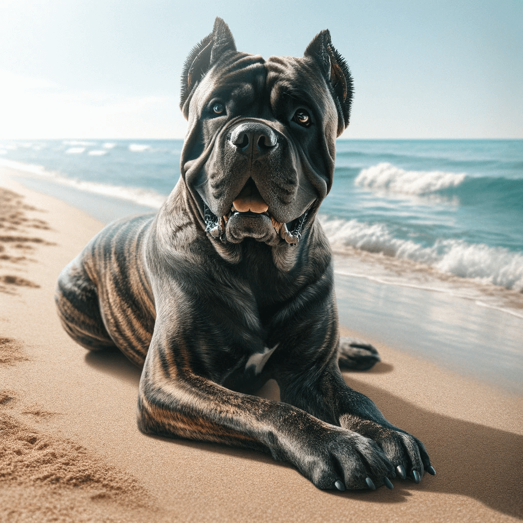brindle_Cane_Corso_enjoying_a_sunny_day_at_the_beach_with_gentle_waves_lapping_at_the_shore.