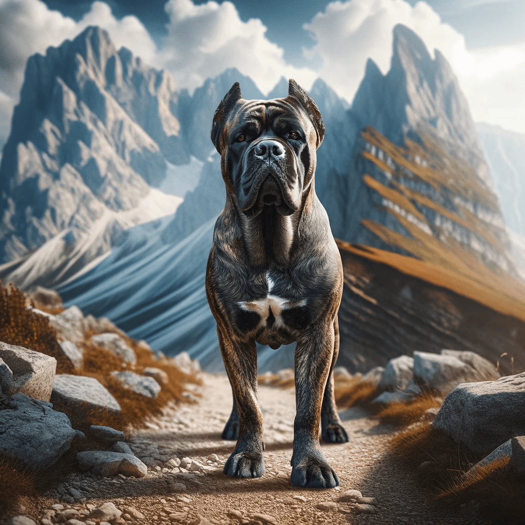 brindle_Cane_Corso_on_a_hiking_trail_with_a_mountainous_backdrop