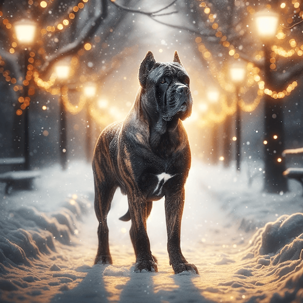 brindle_Cane_Corso_on_a_snowy_evening_with_the_glow_of_streetlights_creating_a_magical_ambiance.