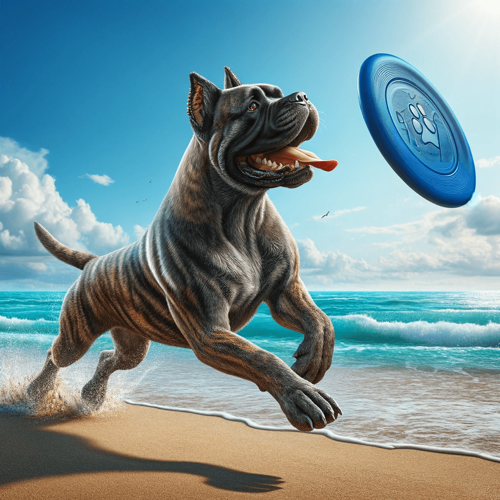 brindle_Cane_Corso_on_a_sunny_beach_playing_with_a_frisbee