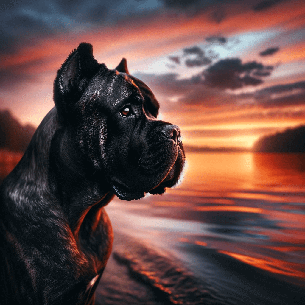 brindle_Cane_Corso_on_a_tranquil_lakeside_with_the_sunset_in_the_background.