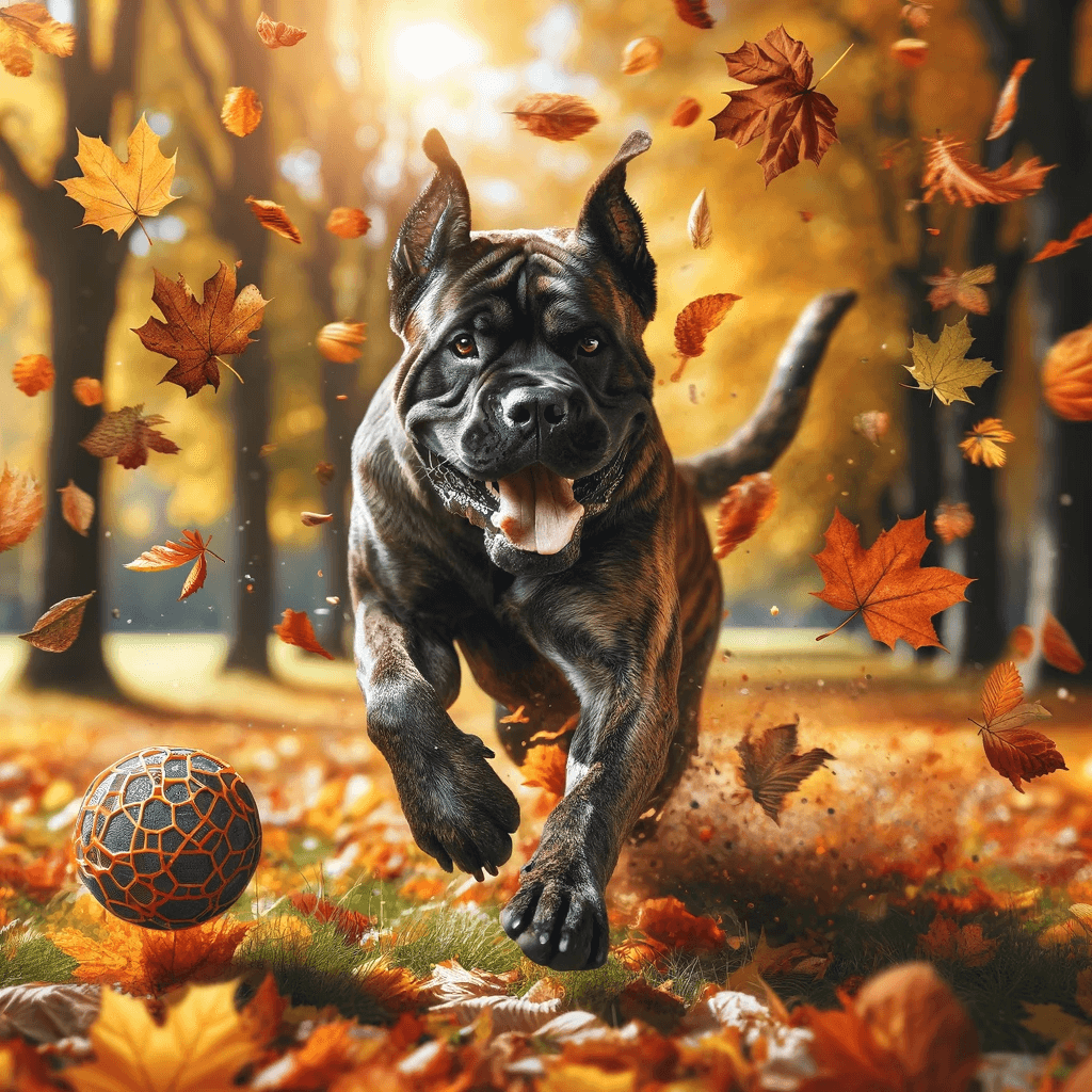 brindle_Cane_Corso_playing_in_a_park_during_autumn_surrounded_by_colorful_fallen_leaves.