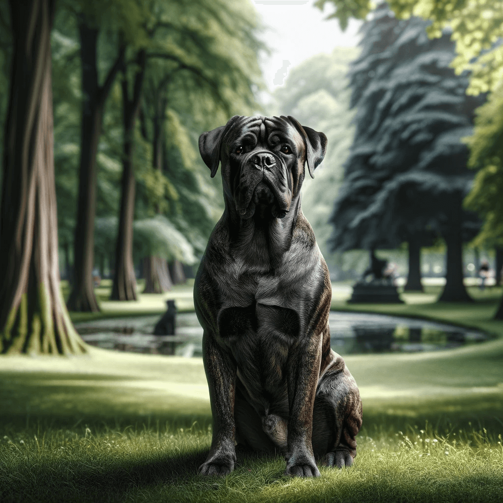 brindle_Cane_Corso_sitting_attentively_in_a_serene_park