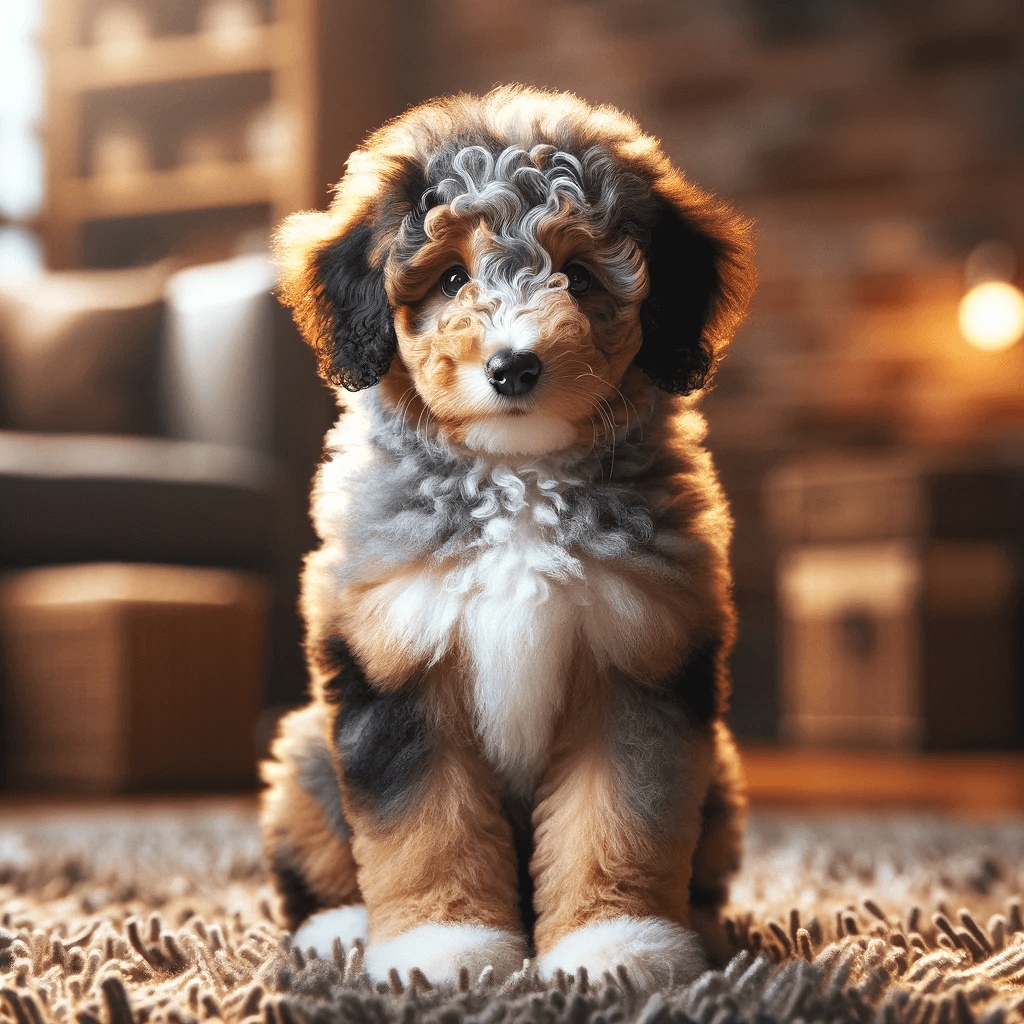 charming_Toy_Aussiedoodle_puppy_sits_gracefully_on_a_shaggy_rug._The_puppy_has_a_curly_multi-colored_coat_with_distinctive_patterns