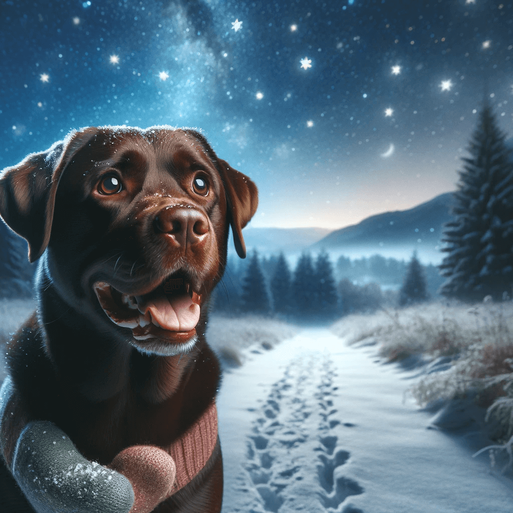 chocolate Labrador on a walk under a starlit winter night sky