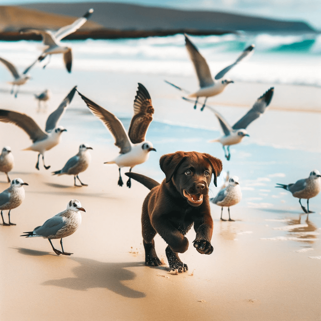 chocolate_Labrador_puppy_energetically_chasing_seagulls_along_a_sandy_beach_with_the_ocean_waves_gently_lapping_in_the_background