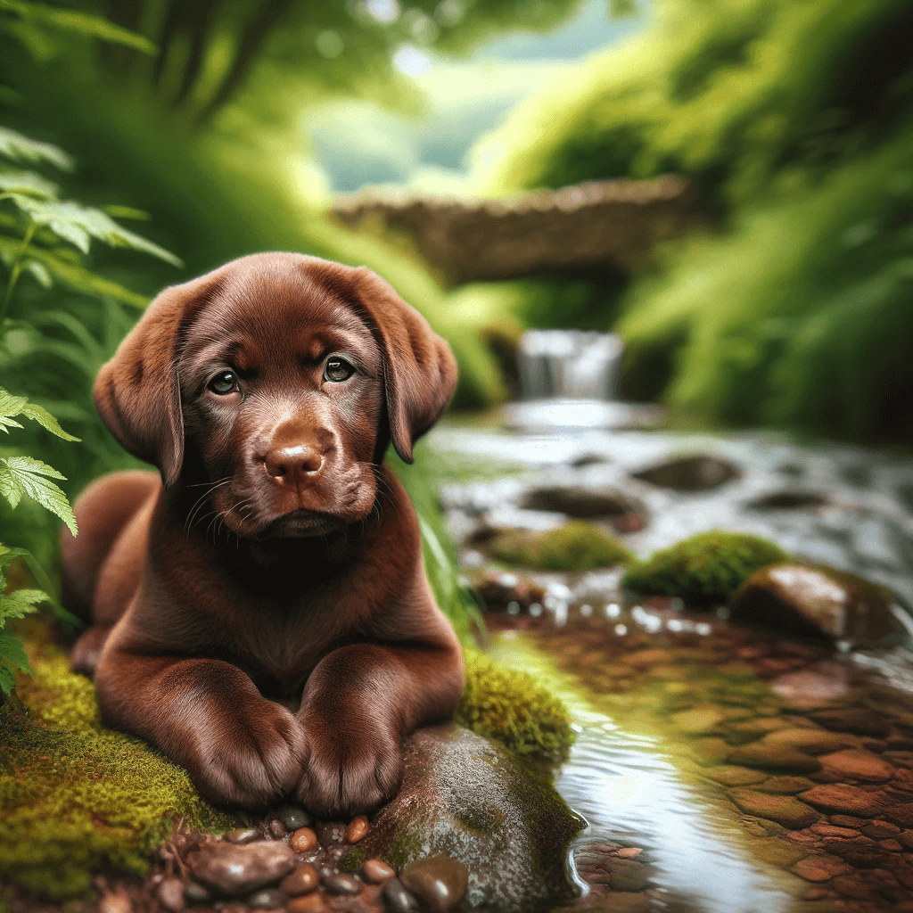 chocolate_lab_puppy_with_a_serene_expression_lying_beside_a_babbling_brook