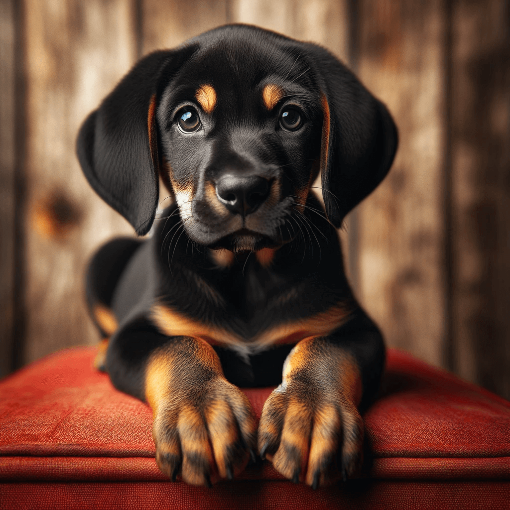 coonhound_lab_mix_Labahoula_puppy_with_a_black_coat_and_distinct_tan_eyebrows_cheeks_and_paws_sitting_on_a_red_object_with_a_wooden_ba