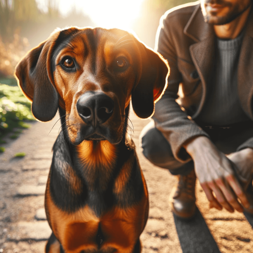 coonhound_lab_mix_Labahoula_with_a_glossy_brown_coat_sitting_on_a_path_with_a_human_just_partially_in_view