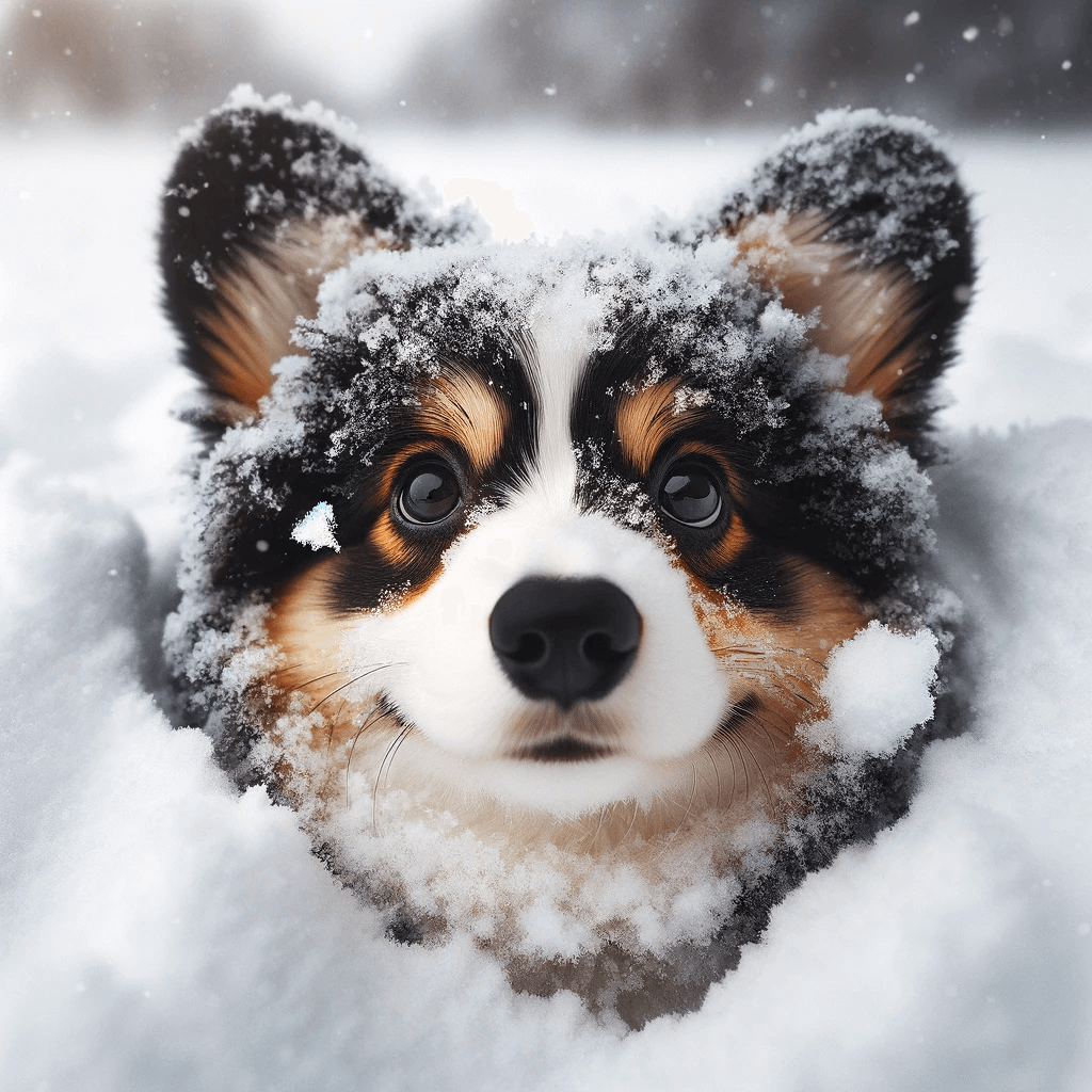 corgi_poodle_mix-_Corgipoo_enveloped_in_a_powdery_snowscape._Its_eyes_twinkle_with_mischief_and_its_coat_a_patchwork_of_black_and_white_stands_out_agains