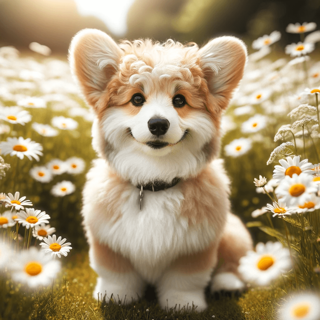 corgi_poodle_mix-_Corgipoo_sitting_in_a_field_of_daisies_its_Corgi_and_Poodle_heritage_evident_in_its_adorable_expressive_face