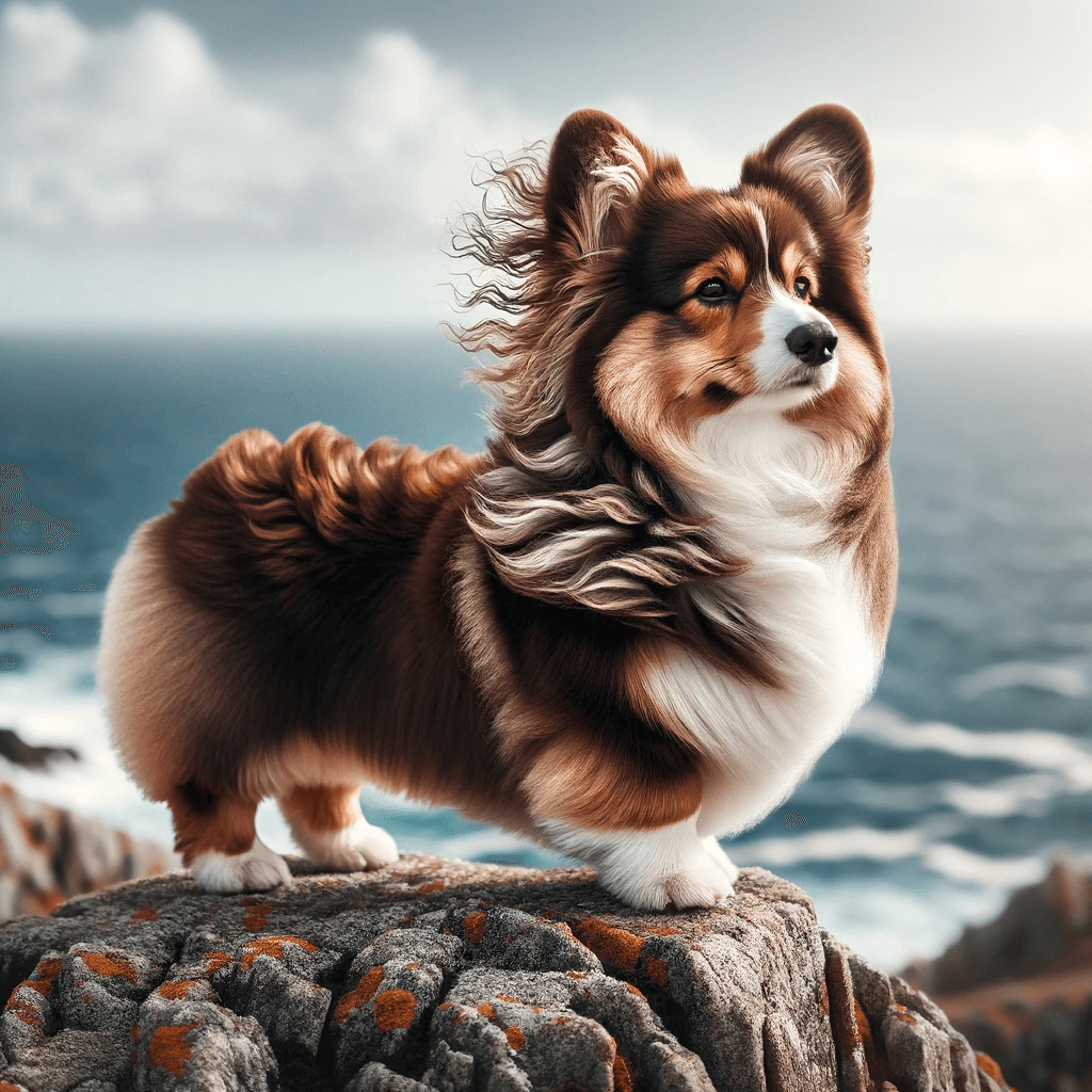 corgi_poodle_mix-_Corgipoo_stands_on_a_rocky_outcrop_overlooking_the_sea._Its_fur_ripples_in_the_wind_a_rich_blend_of_chocolate_and_cream_exemplifying_the_stu