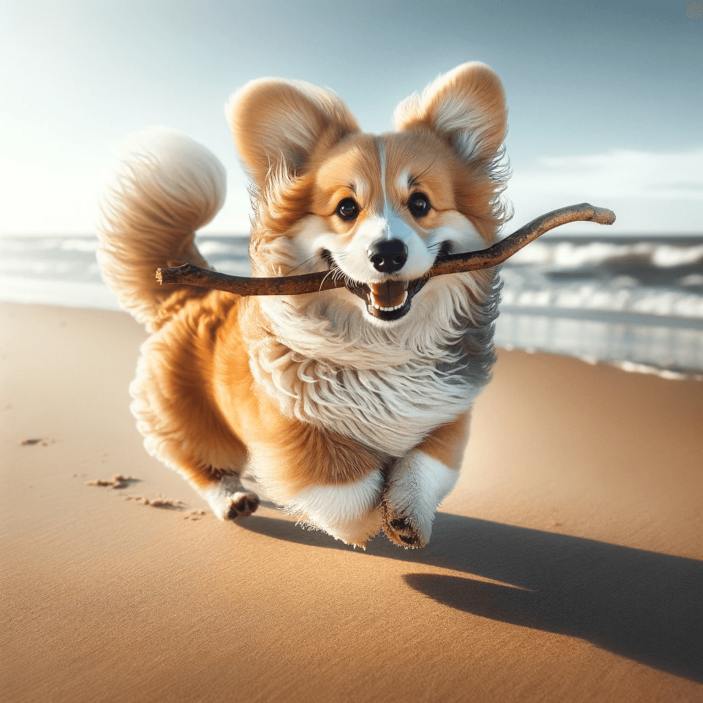 corgi_poodle_mix-_Corgipoo_with_a_curly_Poodle_coat_and_Corgi-like_short_legs_happily_trotting_along_a_beach_with_a_stick_in_its_mouth._The_dog_s_fur_is_windblown_a
