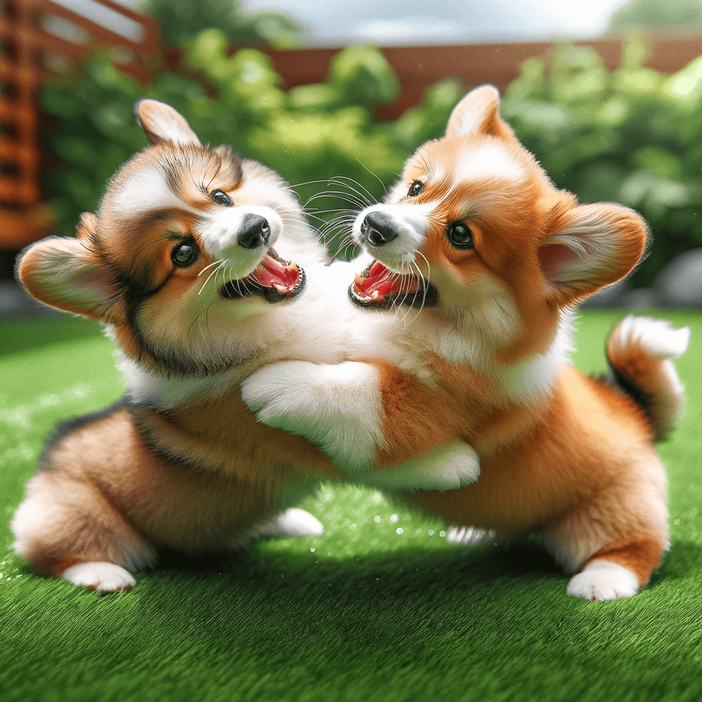 corgi_poodle_mix-_Corgipoos_engage_in_playful_combat_on_a_lush_lawn._Their_energetic_tussles_and_vibrant_multi-colored_coats_capture_the_essence_of_youthful_exuber