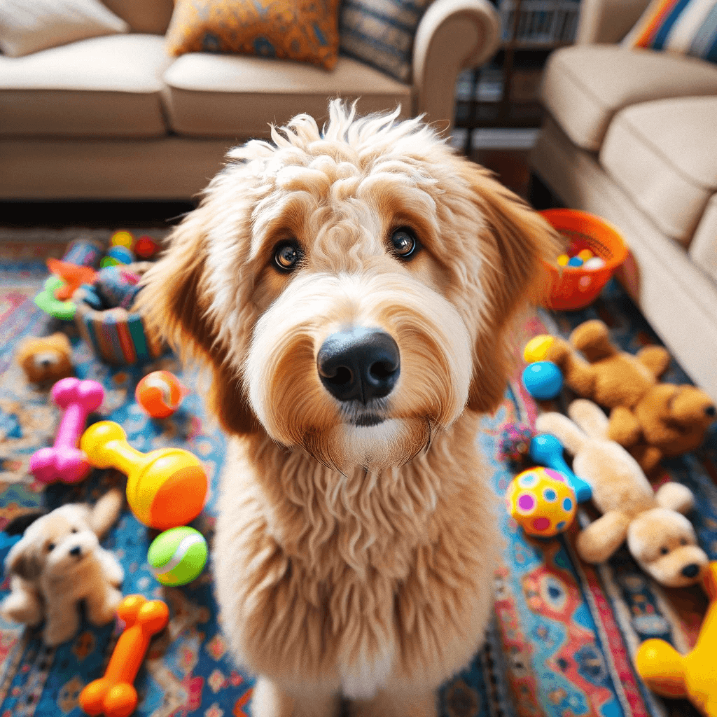 engaging_image_of_a_flat_coat_Goldendoodle_with_its_head_tilted_curiously_as_it_sits_on_a_colorful_rug_surrounded_by_various_dog_toys