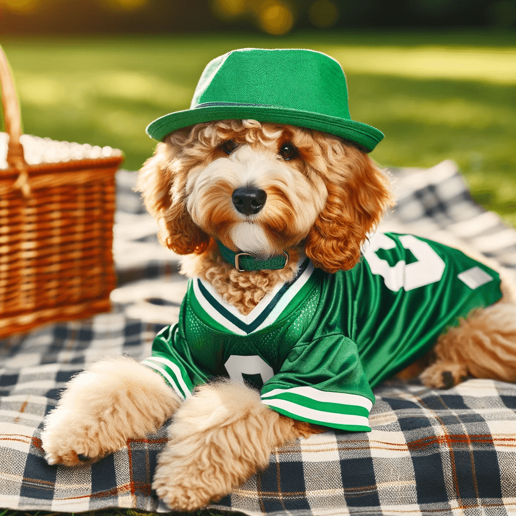f1bb_Mini_Goldendoodle_dressed_up_with_a_green_hat_and_a_sports_jersey_lounging_on_a_picnic_blanket_outdoors