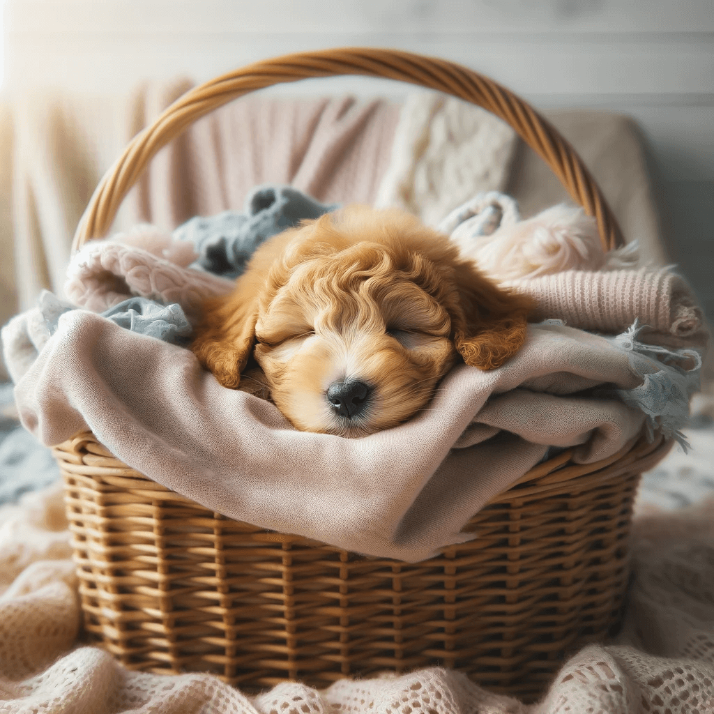 f1bb_mini_Golden_Mountain_Doodle_puppy_taking_a_nap_in_a_basket_filled_with_soft_blankets